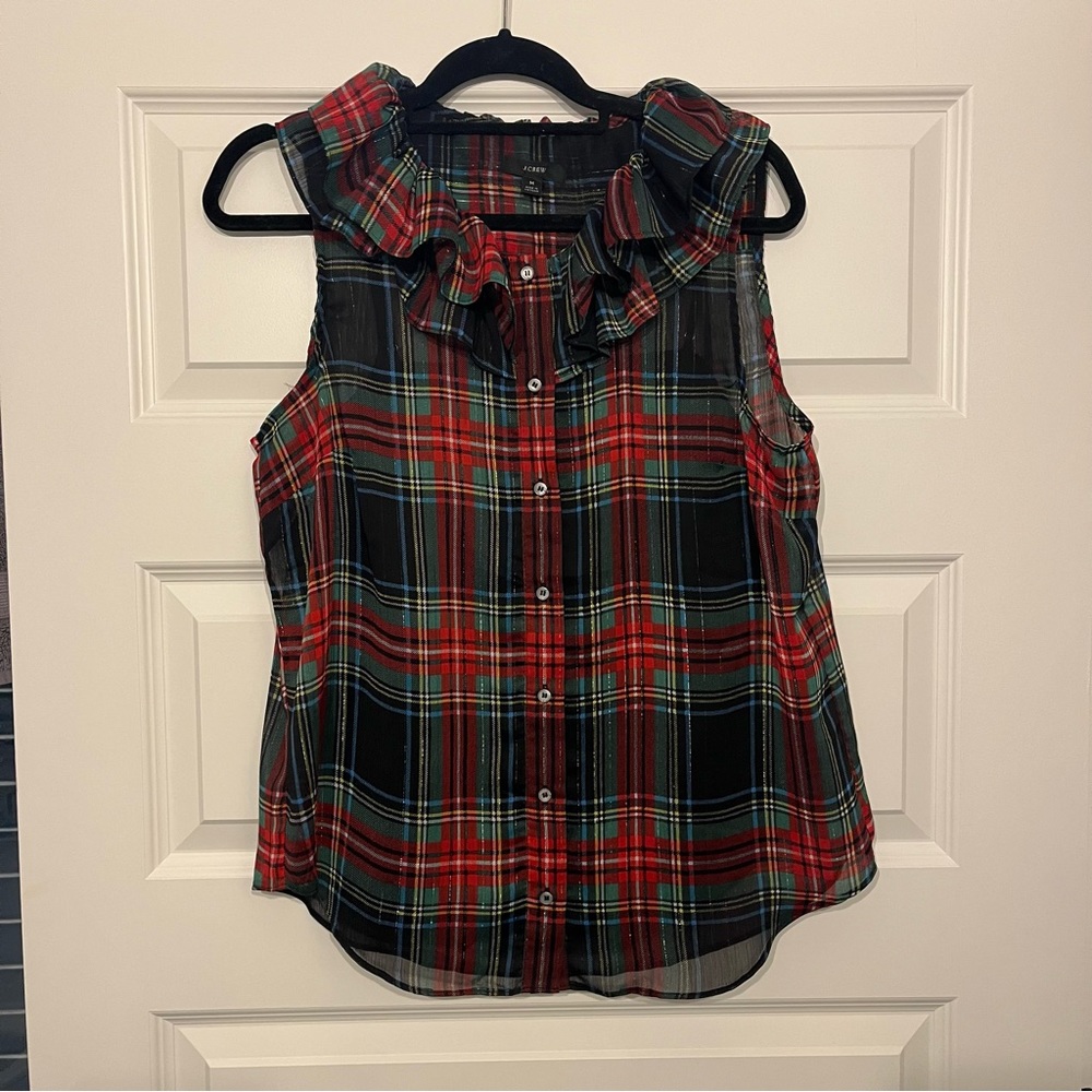 J.Crew Sleeveless Stewart Tartan Ruffle-Collared Top